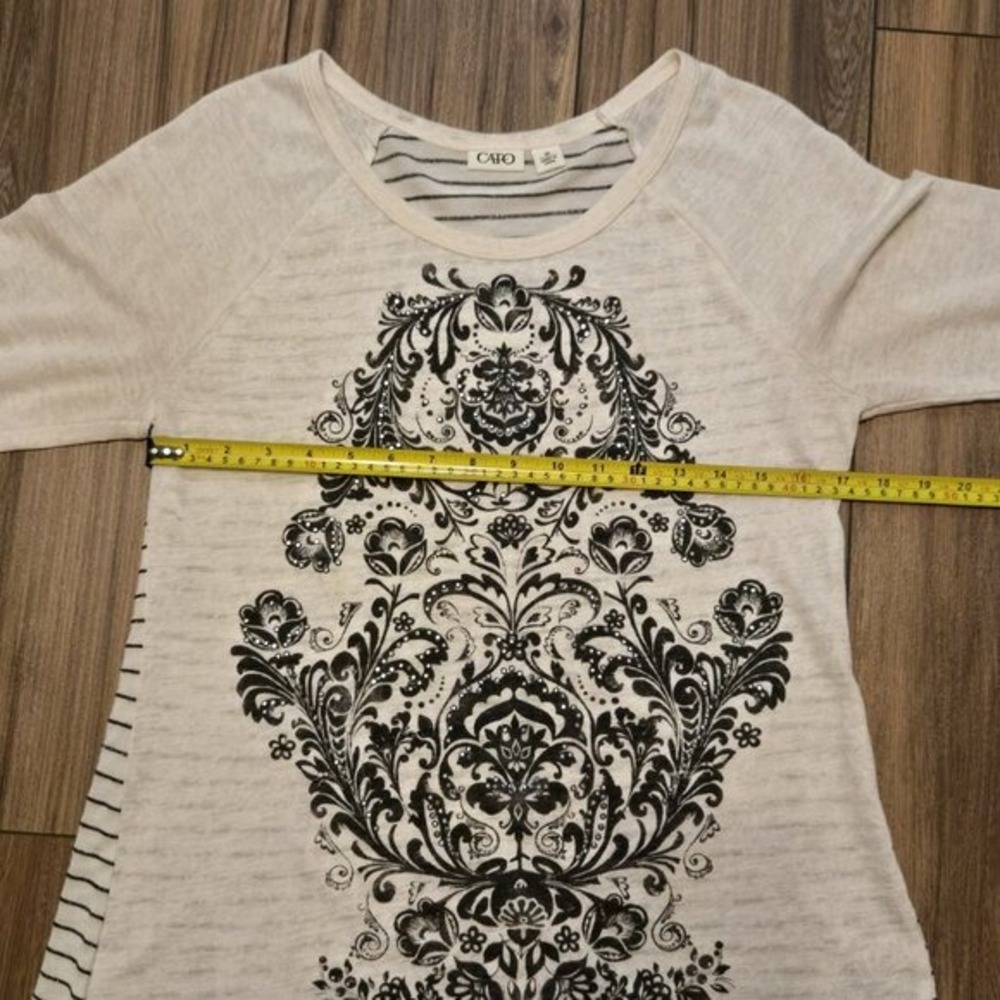 Cato Womens Cream Black Damask Stripe 3/4 Sleeve Top Size M - Picture 5 of 7